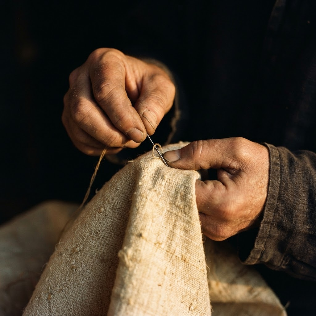 An artisan's hands carefully hand-stitching natural fabric, illuminated by warm golden light